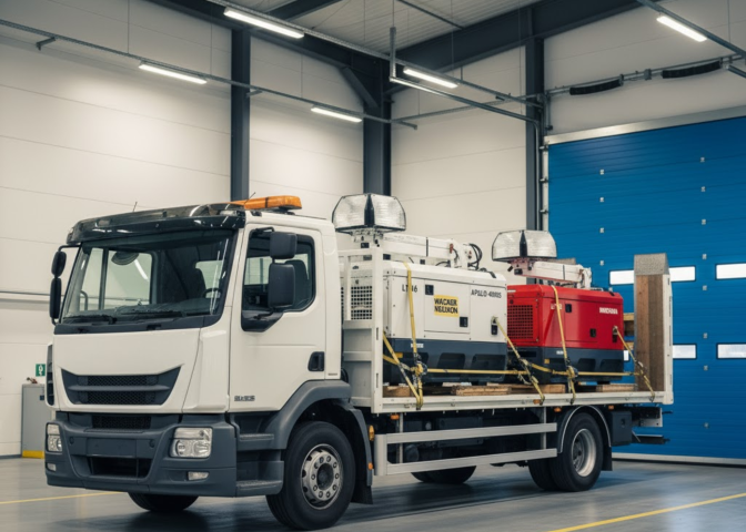 Generador electrico diesel; equipo siendo izado por una grúa para su correcta colocación